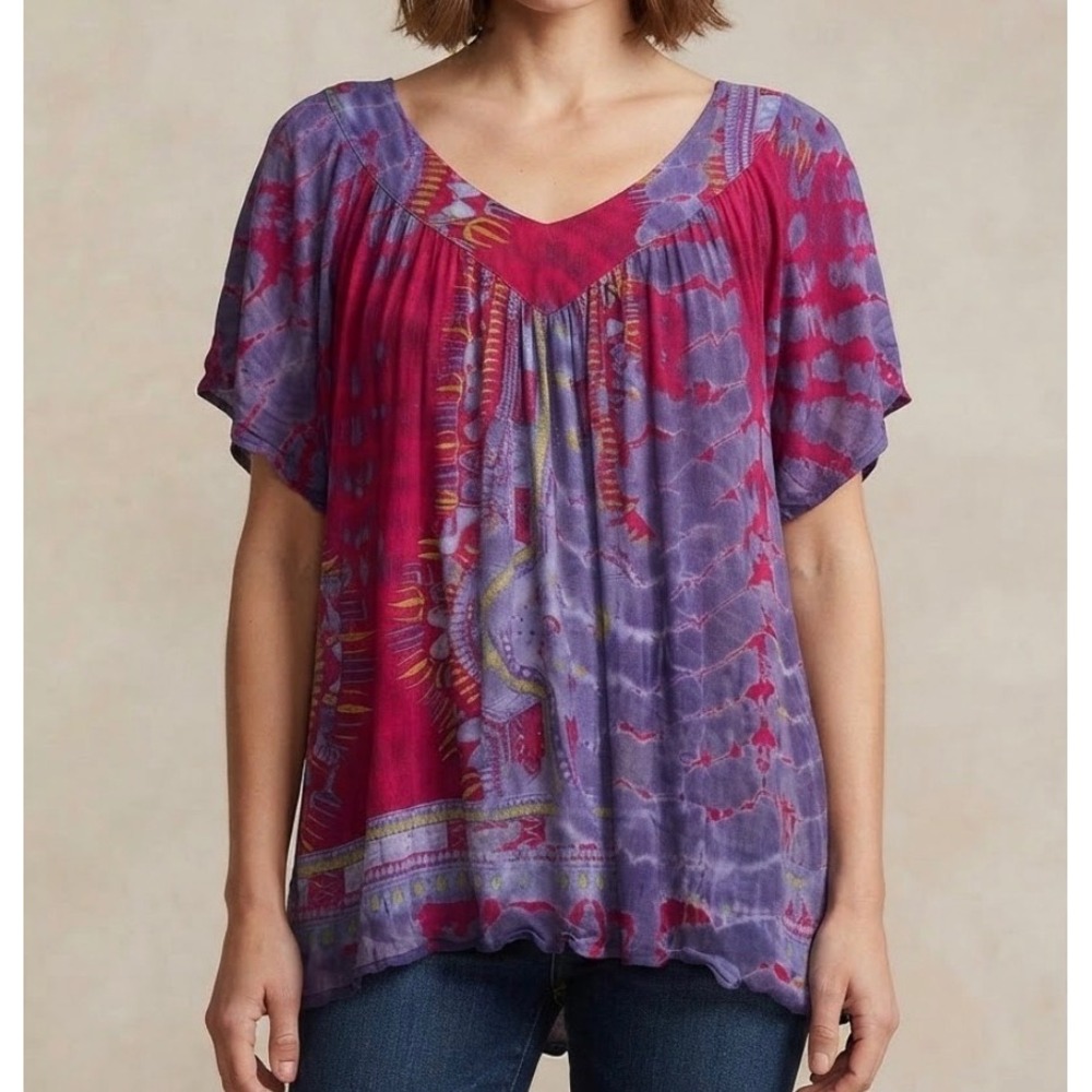 GreaterGood Women Purple Magenta Tie Dye Dashiki Boho Rayon Tunic Top OS